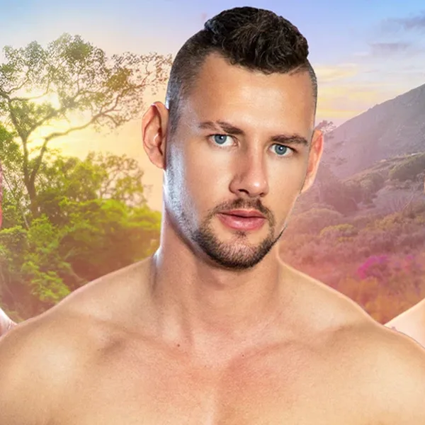 NakedSword Originals promo art: three shirtless muscular men posed outdoors at sunset