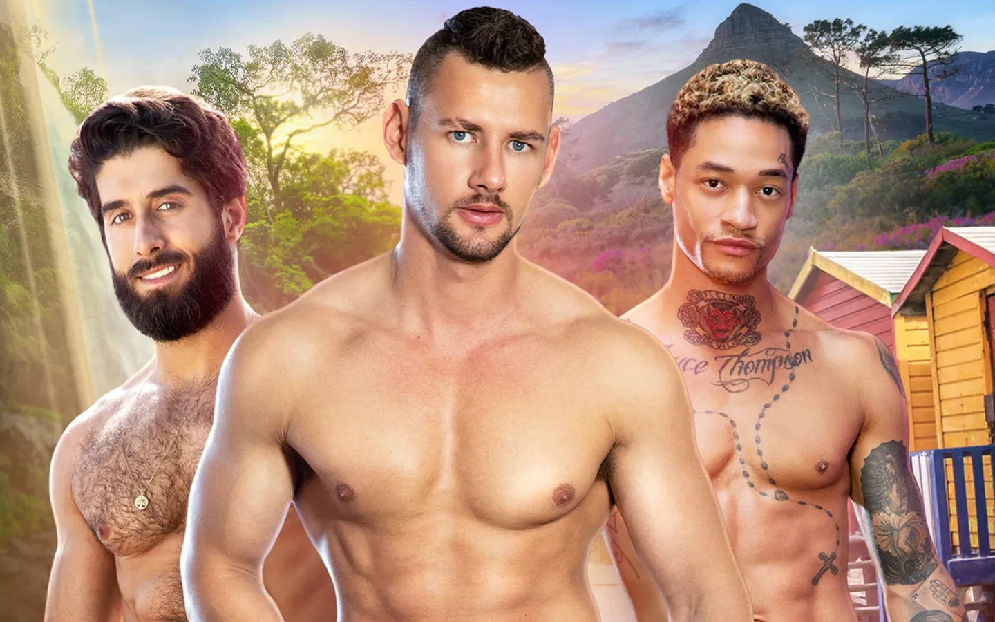 NakedSword Originals promo art: three shirtless muscular men posed outdoors at sunset