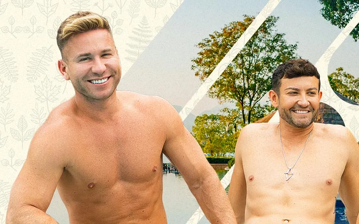 Poolside promotional portrait of two smiling Sean Cody models